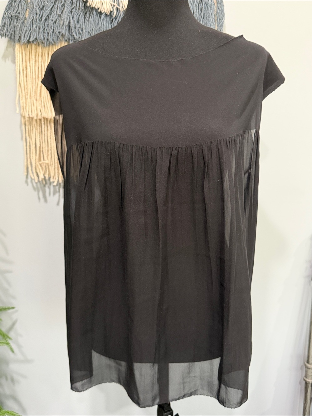 Vince Black Silk Chiffon Babydoll Blouse Small Sheer Cap Sleeve Tunic Top